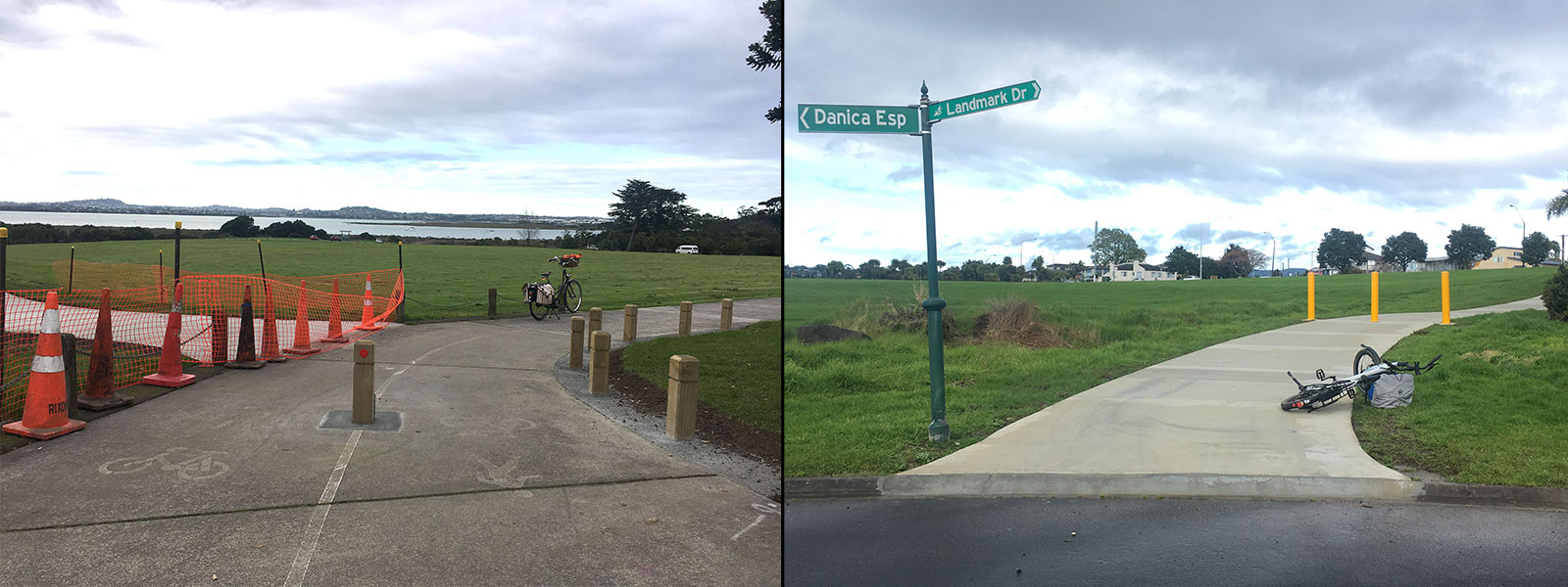 First photo shows old short wooden bollards at the end of the path. Second photo shows new tall yellow bollards.